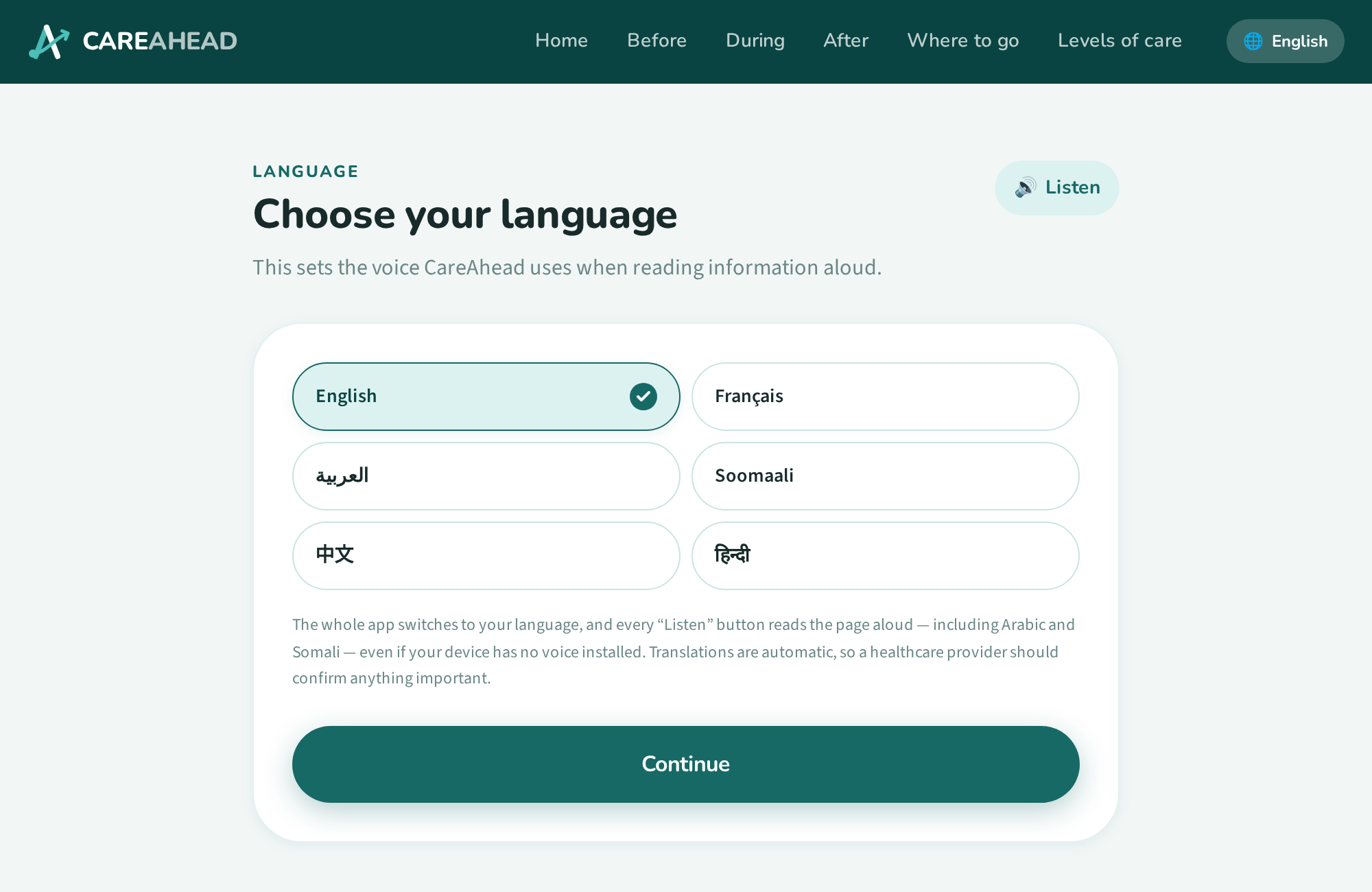 CareAhead prototype screen: Choose your language