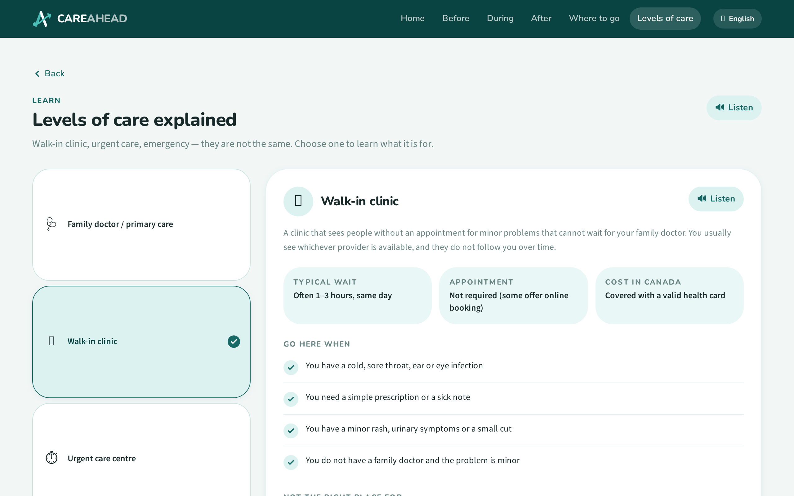 CareAhead prototype screen: Understand my care options